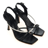 Heeled Mule in Black and White Calfskin Leather