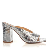 Heel Mule in Silver Crocodile-Printed Leather