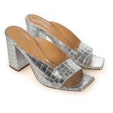 Heel Mule in Silver Crocodile-Printed Leather