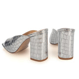 Heel Mule in Silver Crocodile-Printed Leather