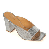 Heel Mule in Silver Crocodile-Printed Leather