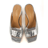 Heel Mule in Silver Crocodile-Printed Leather