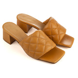 Tan Quilted Block Heel Mule