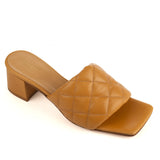Tan Quilted Block Heel Mule