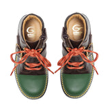 Single buckles boot in brown calf leather with green rubber tip