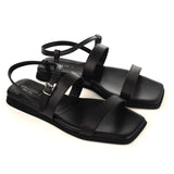 Flat Strap Sandals in Black Calfskin Leather