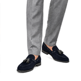 Men's Navy Blue Suede Goodyear Welted Tassel Loafers
