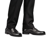 Men's Black Leather Goodyear Welted Tassel Loafers with Hand-Waxed Details