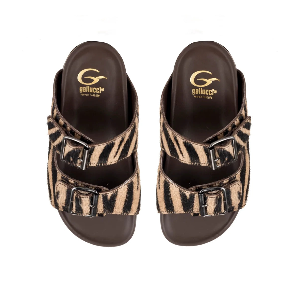 Sandals in pony leather with animalier effect and two buckles