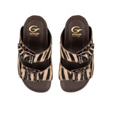 Sandals in pony leather with animalier effect and two buckles
