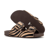 Sandals in pony leather with animalier effect and two buckles