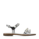 Sandals with buckle in metallic effect silver calf leather with pearls