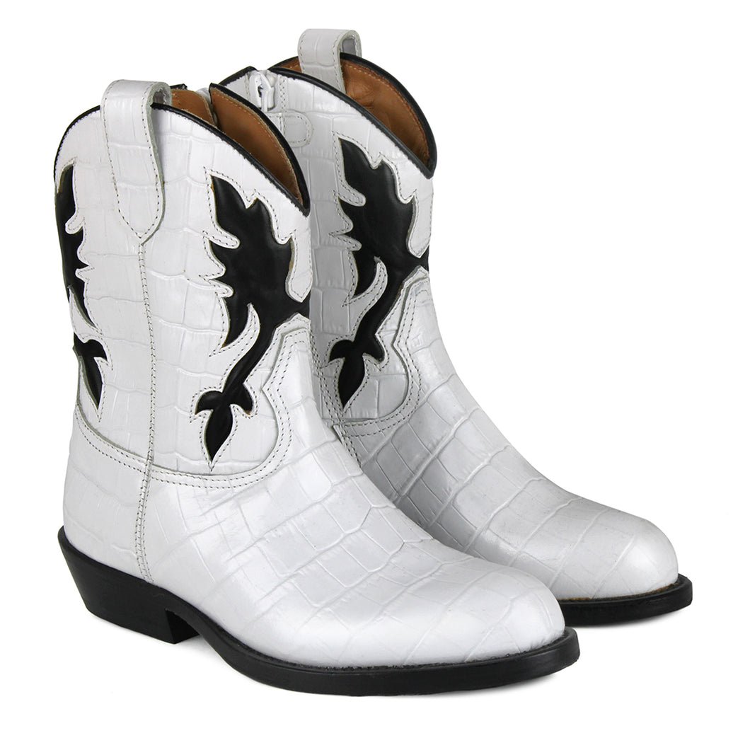 Texan Boots in white printed leather and black details