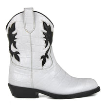 Load image into Gallery viewer, Texan Boots in white printed leather and black details
