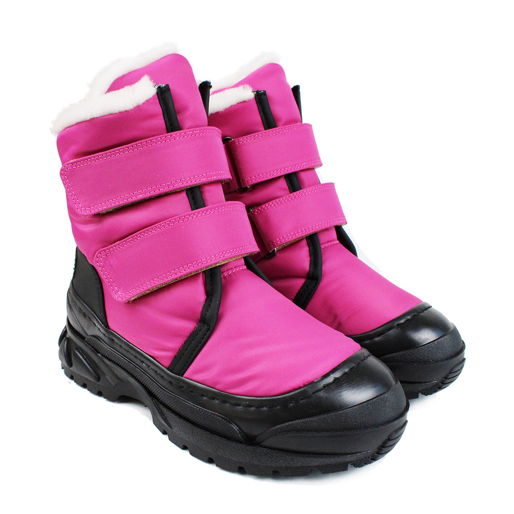 Mountain Boots in black rubber and fuxia technical materials with velcro