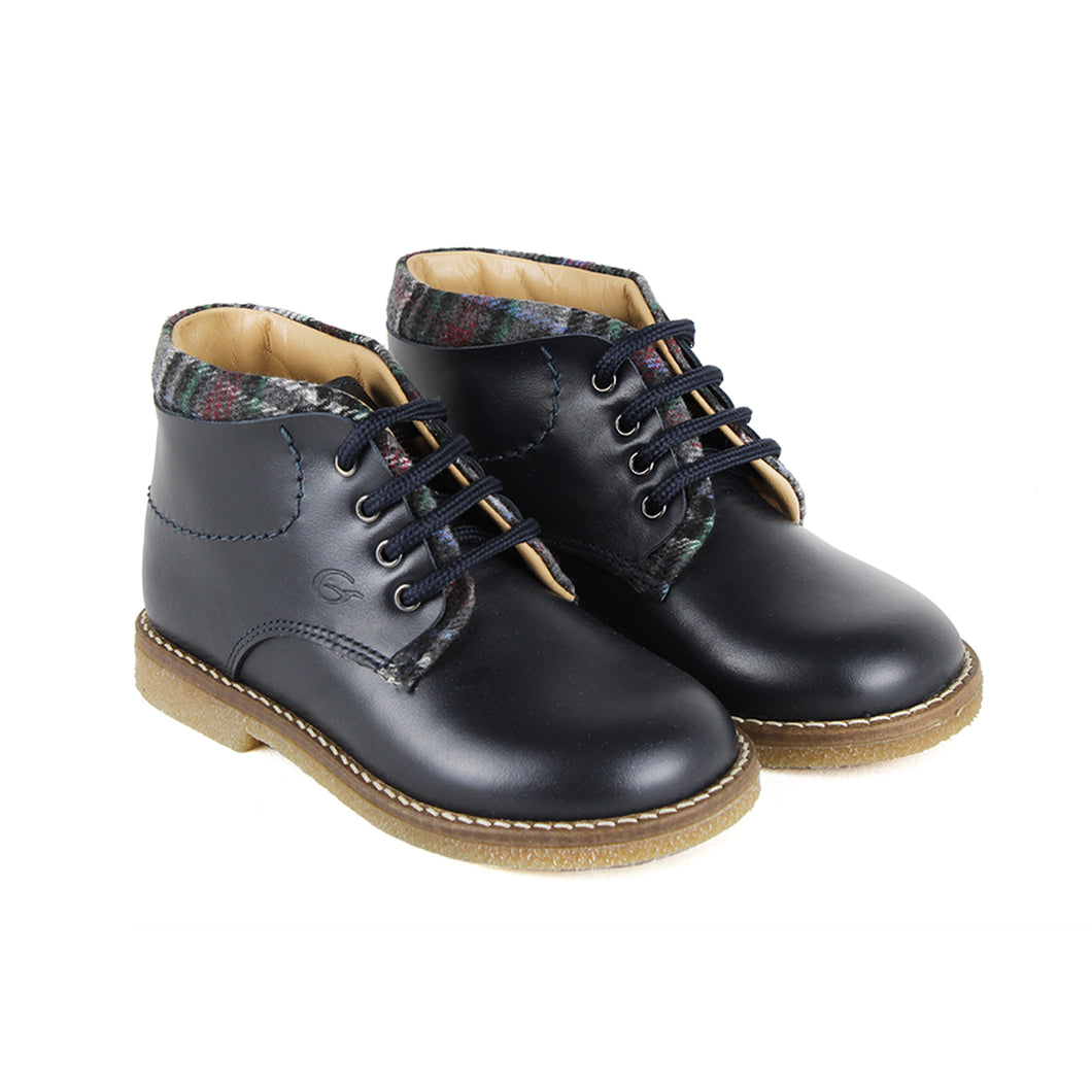 High blue leather shoes with tartan detail