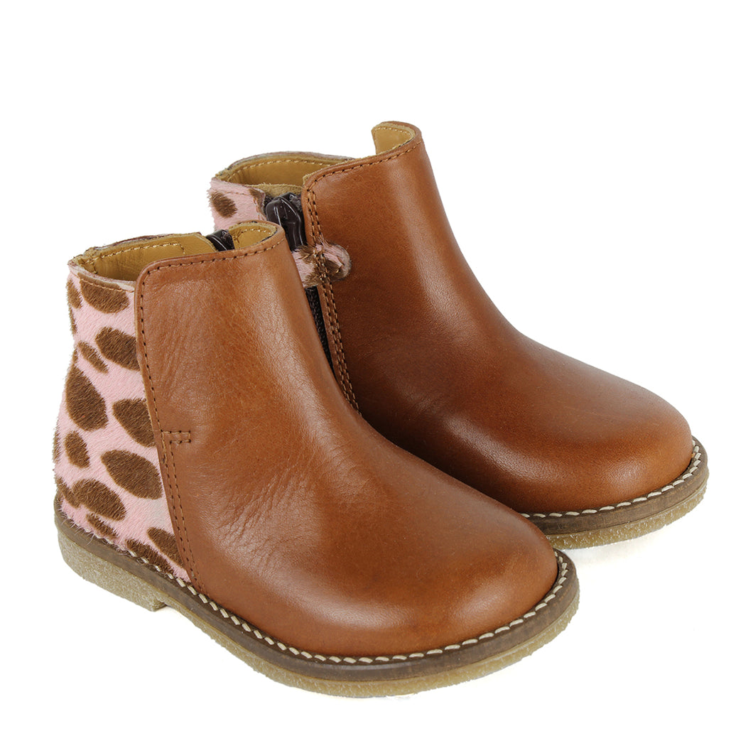 Ankle Boots in tan leather and animalier effect pony