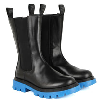 Load image into Gallery viewer, Black Leather High Top Chelsea Boots with signature strap and blue chunky soles
