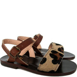 Sandals in Calfskin Leather and Animalier Effect Pony Hair Leather