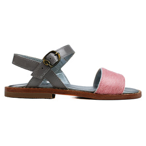 Sandals in pink pony leather and grey patent leather