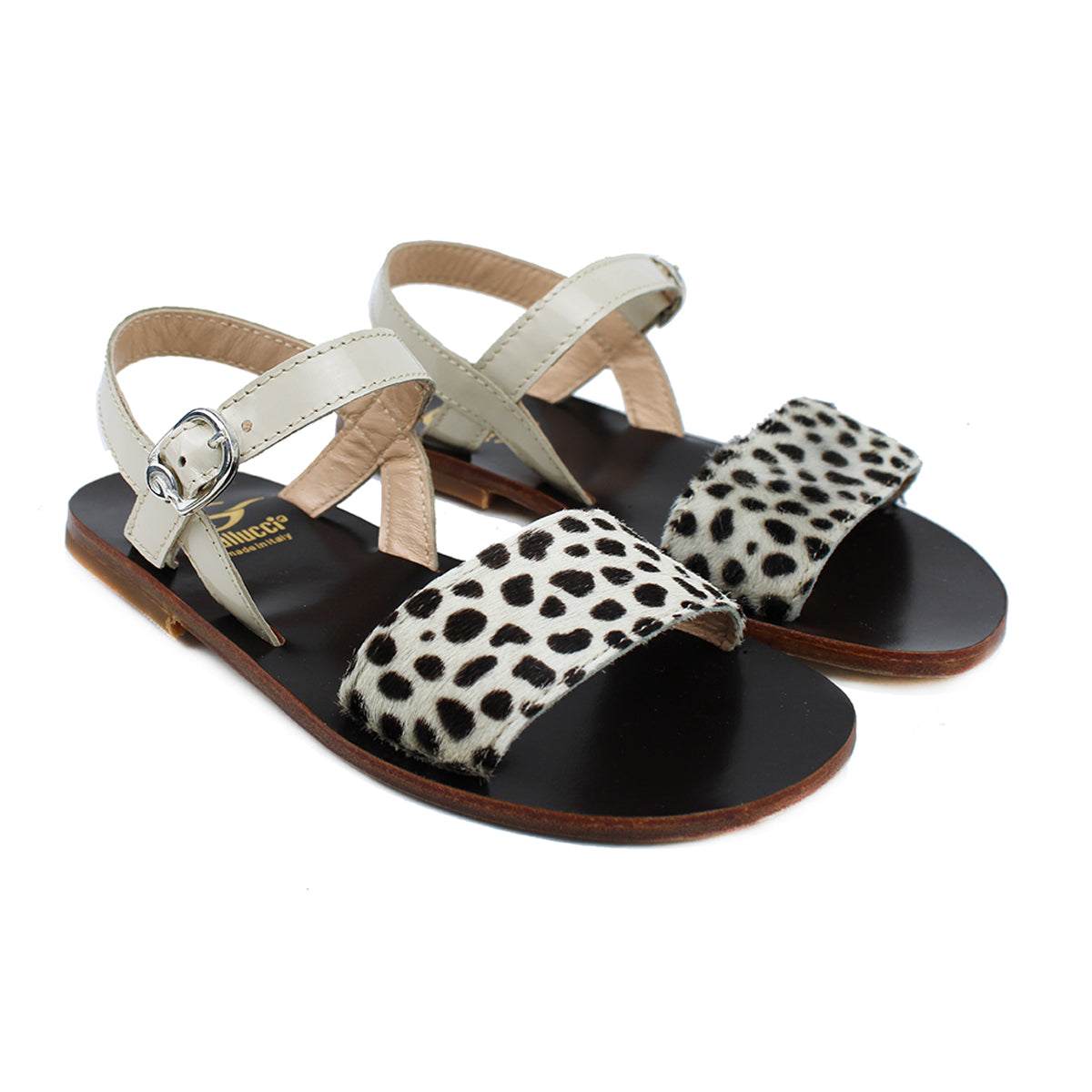 Sandals in animalier pony leather and beige patent leather