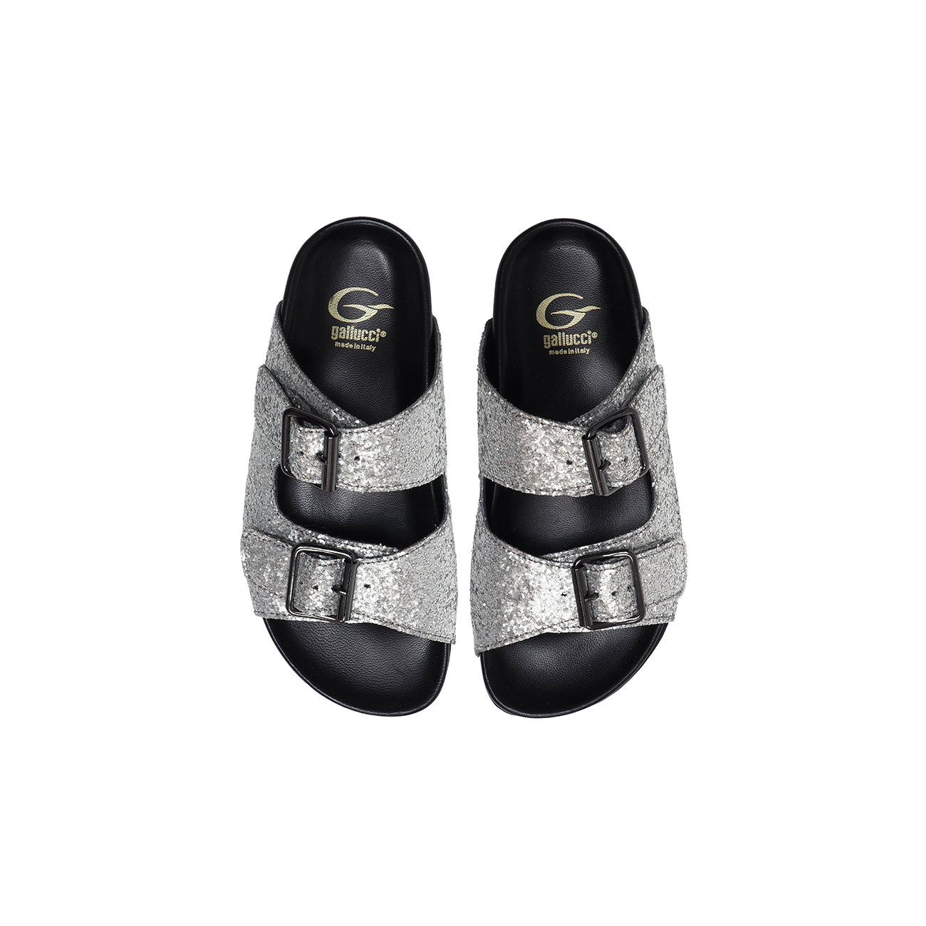 Slipper in Silver Glitter Leather with Black Rubber Sole