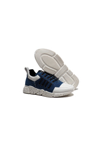 Running in Denim and White Leather