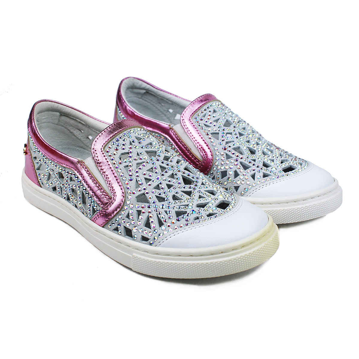 Slip On in white leather and pink details with bright studs