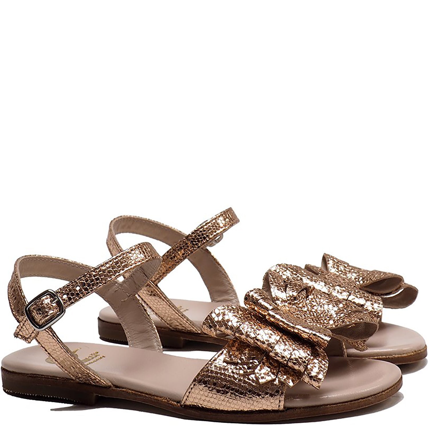 Sandals in Metallic Pink Python Effect Leather with Bow