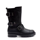 Triple buckles boots in black calf leather with fur