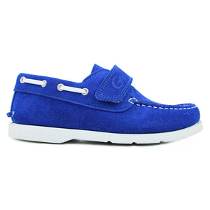 Bright blue suede boat shoes with white details