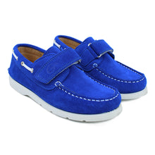 Load image into Gallery viewer, Bright blue suede boat shoes with white details
