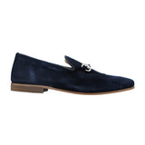 Slippers in blue suede and metal clamp
