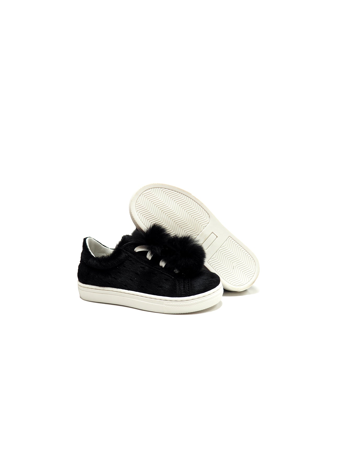 sneakers with black lapin fur application in black pony hair leather