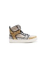 Carica l&#39;immagine nel visualizzatore di Gallery, High-top sneakers in gold and silver glitter fabric with calf lining leather

