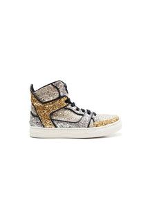 High-top sneakers in gold and silver glitter fabric with calf lining leather