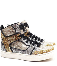 Carica l&#39;immagine nel visualizzatore di Gallery, High-top sneakers in gold and silver glitter fabric with calf lining leather
