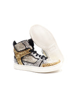 Carica l&#39;immagine nel visualizzatore di Gallery, High-top sneakers in gold and silver glitter fabric with calf lining leather
