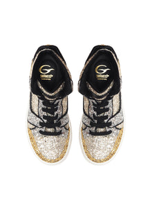 High-top sneakers in gold and silver glitter fabric with calf lining leather