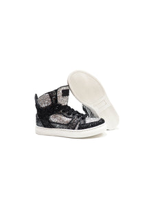 High-top sneakers in silver glitter fabric with calf lining leather
