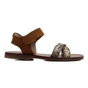 Sandals in beige snake-style leather with details in tan suede