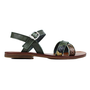 Sandals in green snake-style leather
