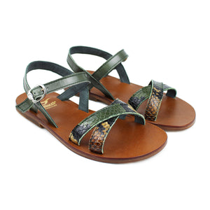 Sandals in green snake-style leather