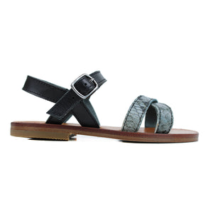 Sandals in navy snake-style leather and grey details