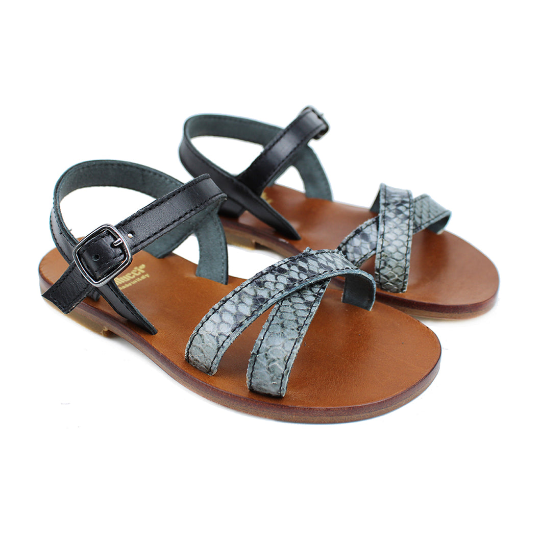 Sandals in navy snake-style leather and grey details