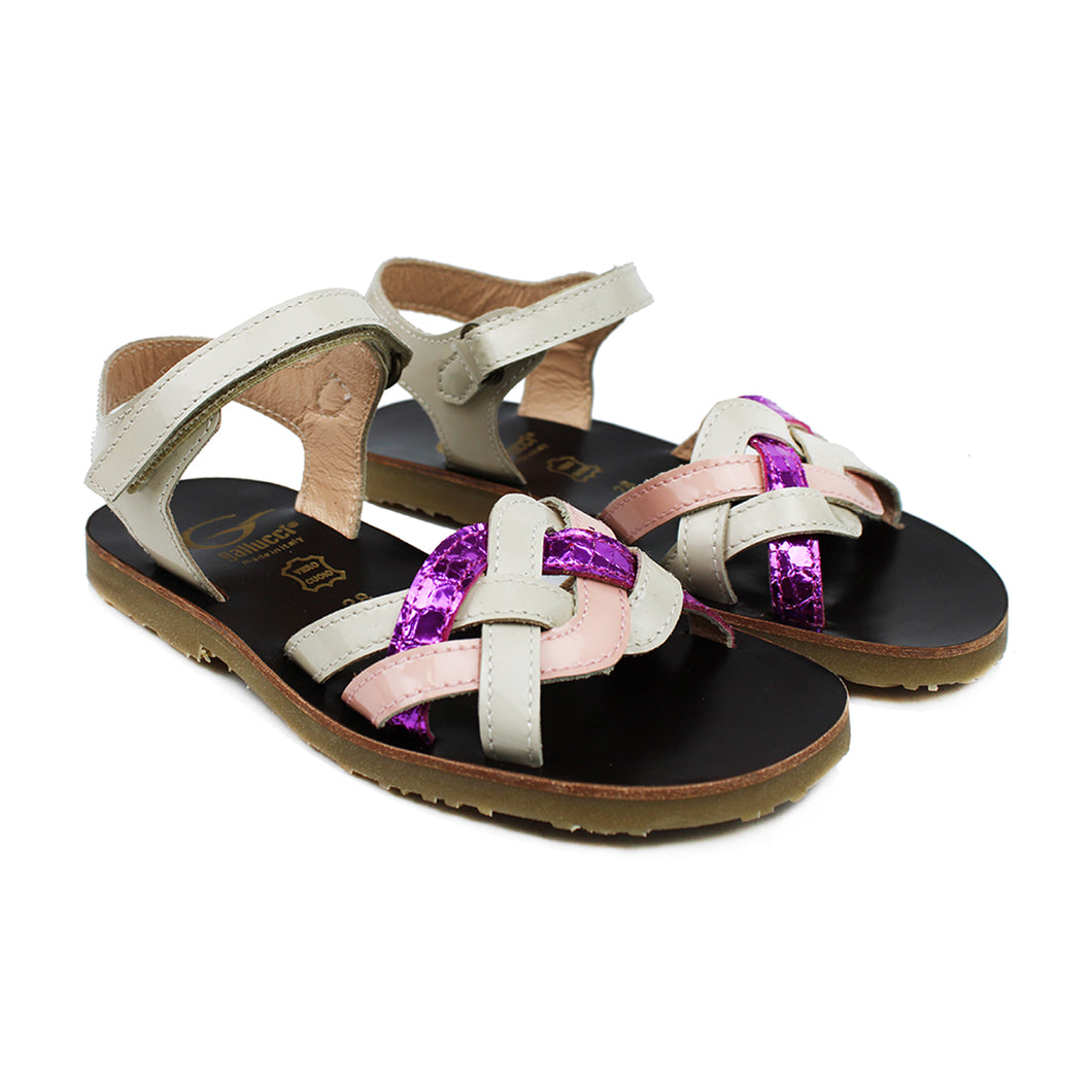 Sandals in pink/beige/fuxia leather, wave upper straps with snake-style details and rubber soles