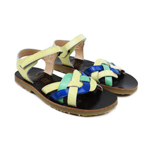 Carica l&#39;immagine nel visualizzatore di Gallery, Sandals in blue/green/checked leather, wave upper straps and rubber soles

