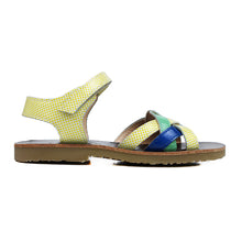 Load image into Gallery viewer, Sandals in blue/green/checked leather, wave upper straps and rubber soles
