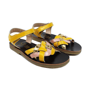 Sandals in yellow/pink/gold leather, wave upper straps with snake-style details and rubber soles