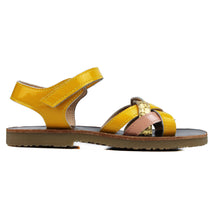 Carica l&#39;immagine nel visualizzatore di Gallery, Sandals in yellow/pink/gold leather, wave upper straps with snake-style details and rubber soles
